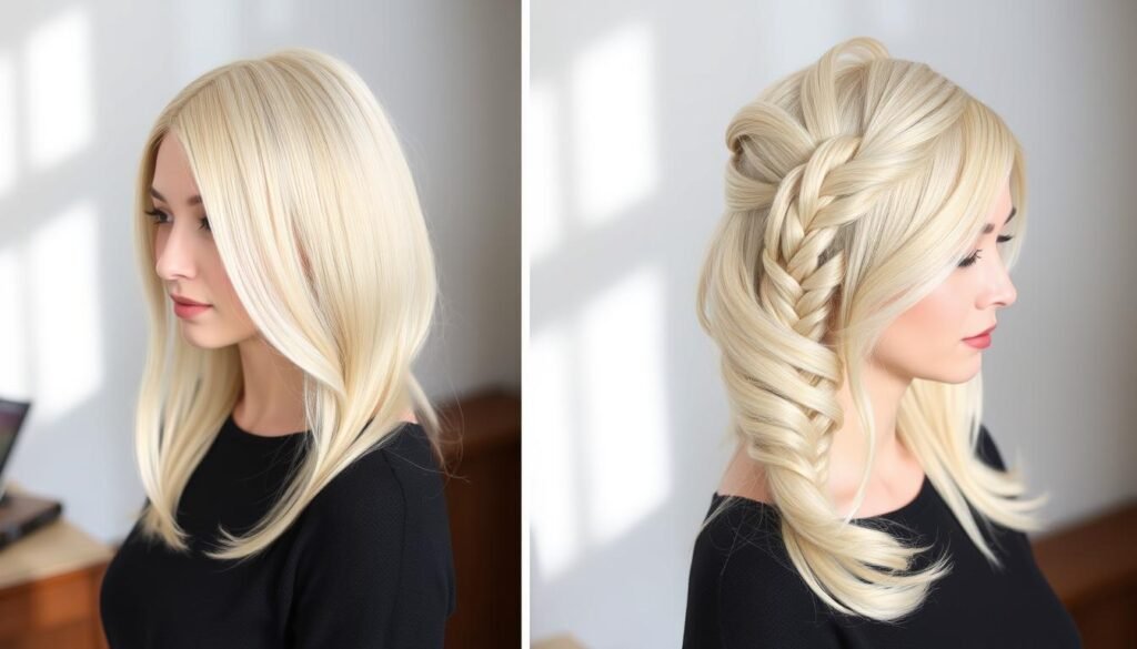 Blonde wig styled with a loose side braid