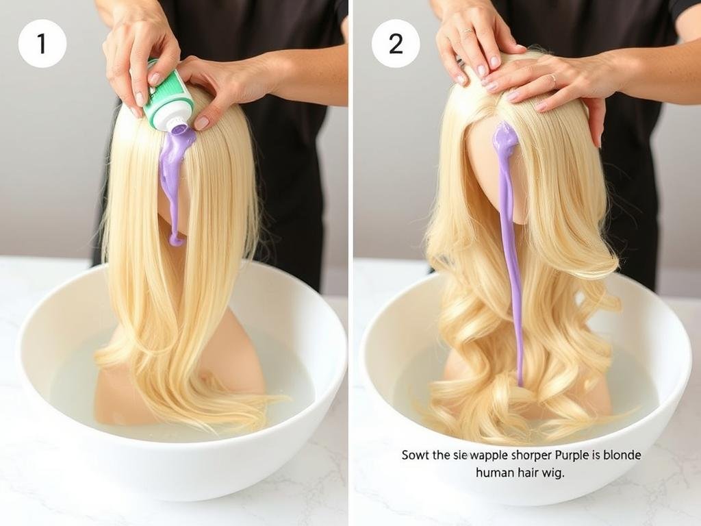 Blonde wig washing process with purple shampoo