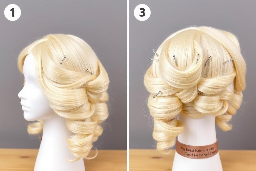 Blonde wig with sections twisted into buns for heatless waves