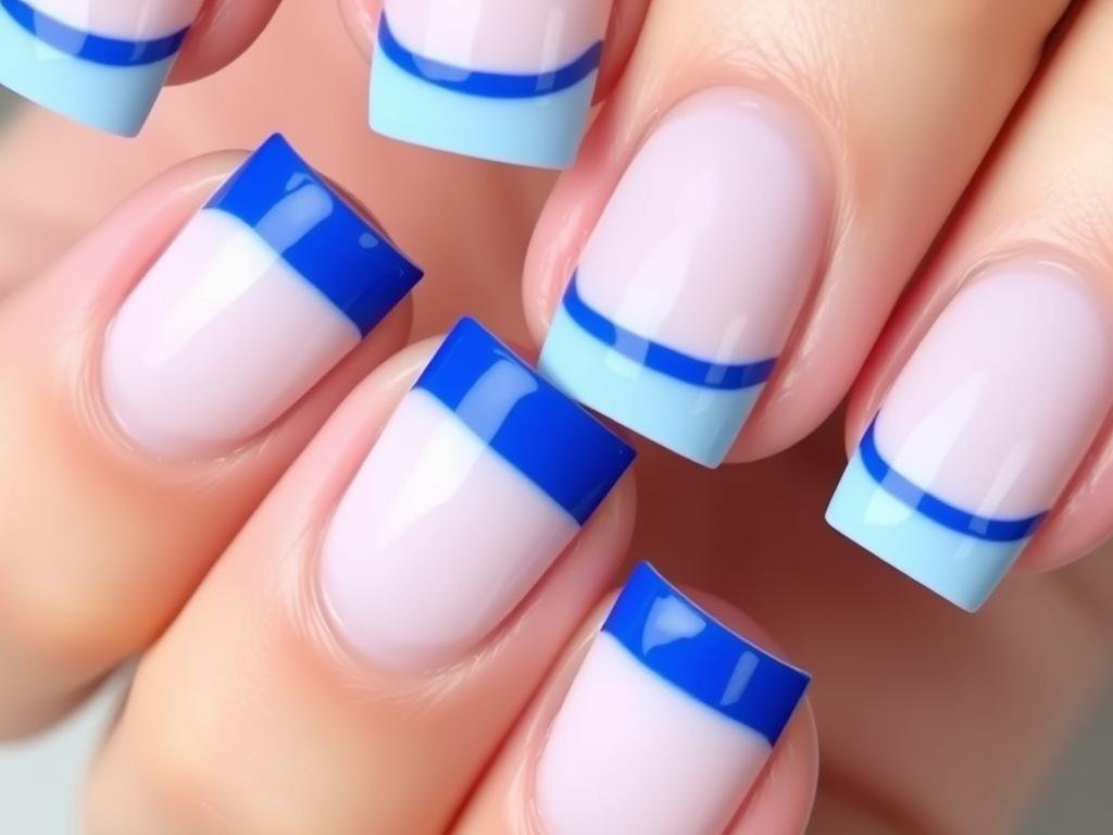Blue French tip acrylic nails with classic white base