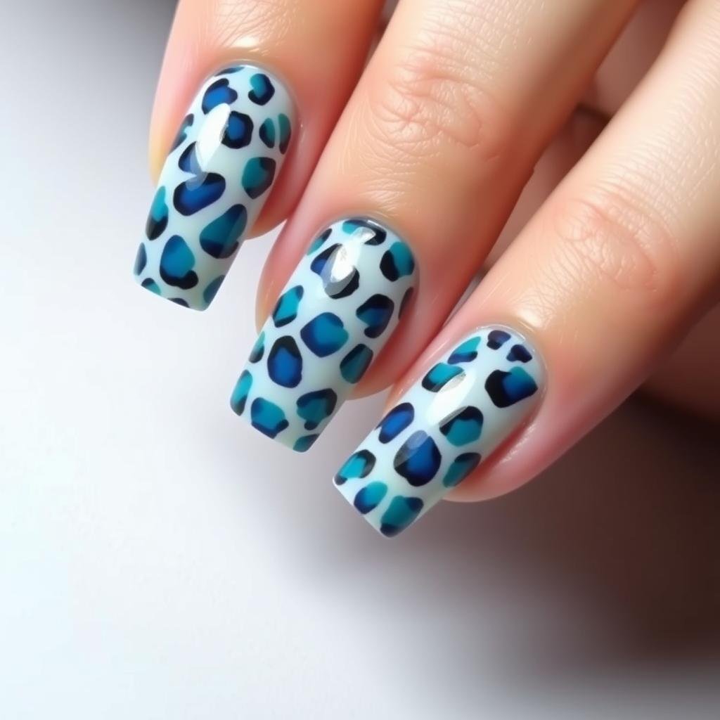 Blue and teal leopard print acrylic nails