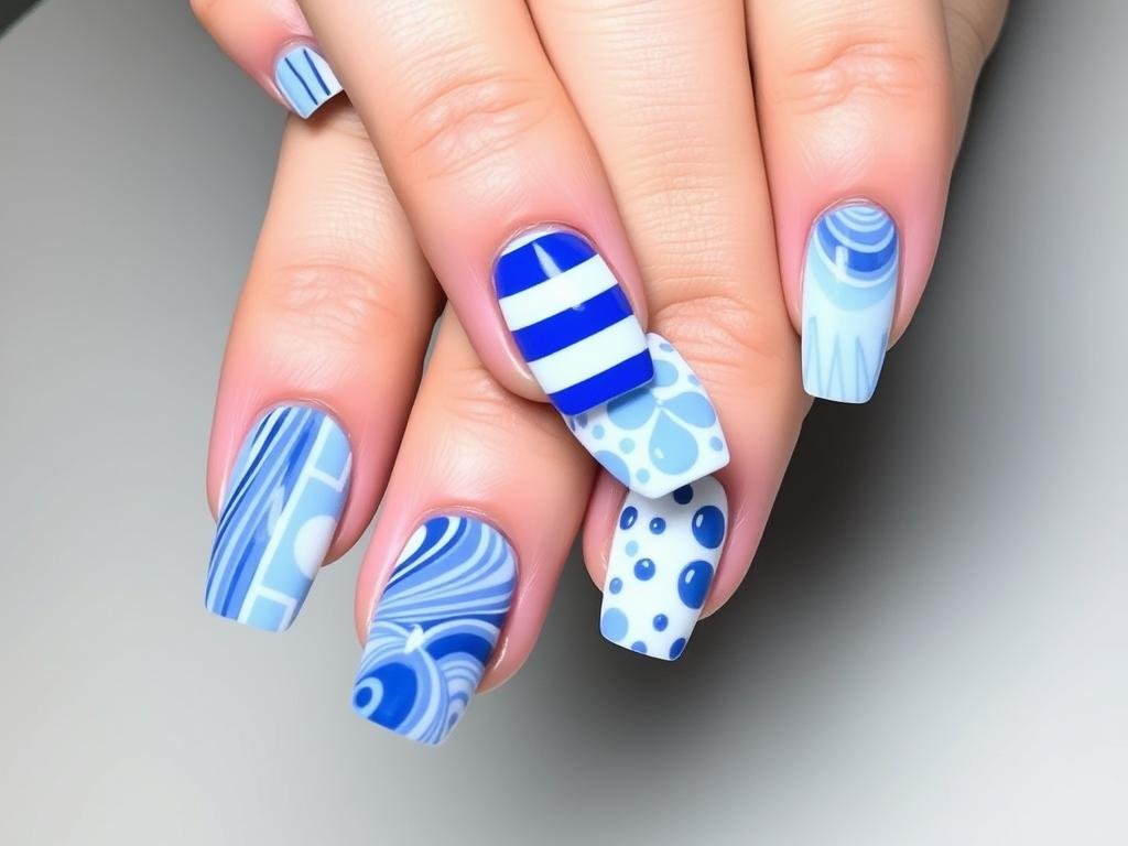 Blue and white square acrylic nails with patterns