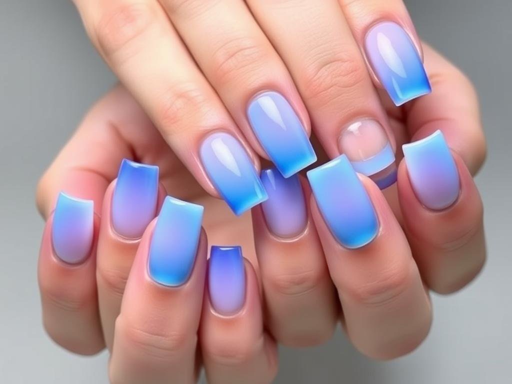 Blue aura effect on square acrylic nails