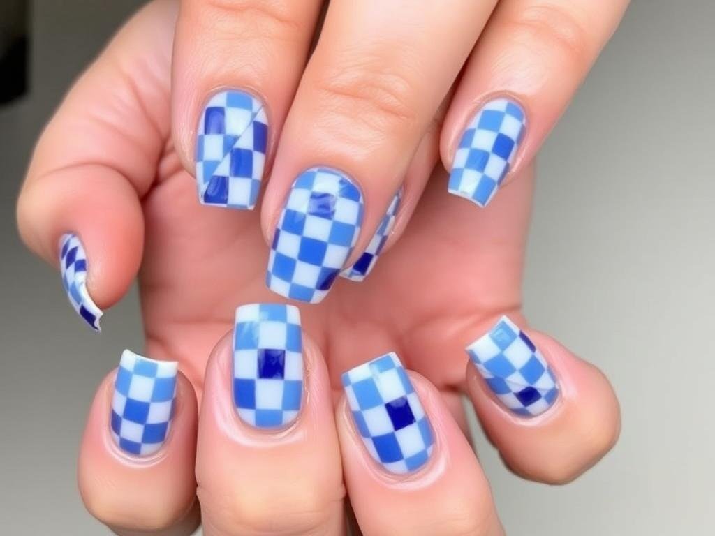 Blue checkered pattern on square acrylic nails