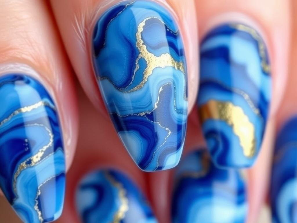 Blue marble acrylic nails with white and gold veining