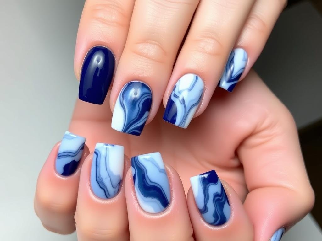 Blue marble effect on square acrylic nails