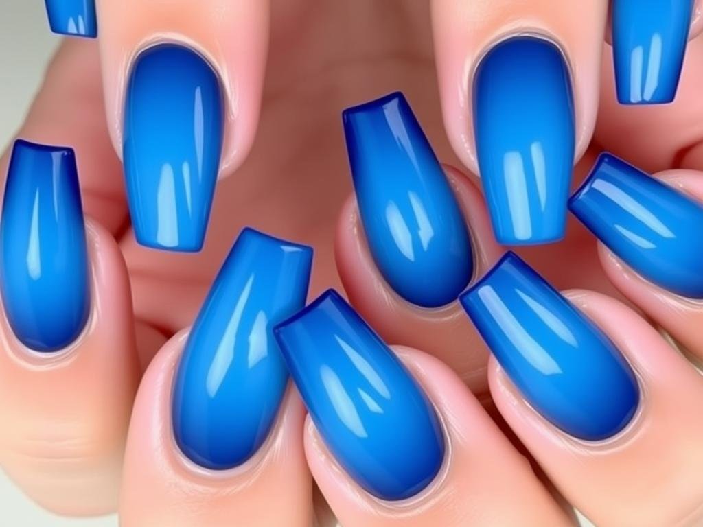 Blue ombre acrylic nails transitioning from light to dark blue
