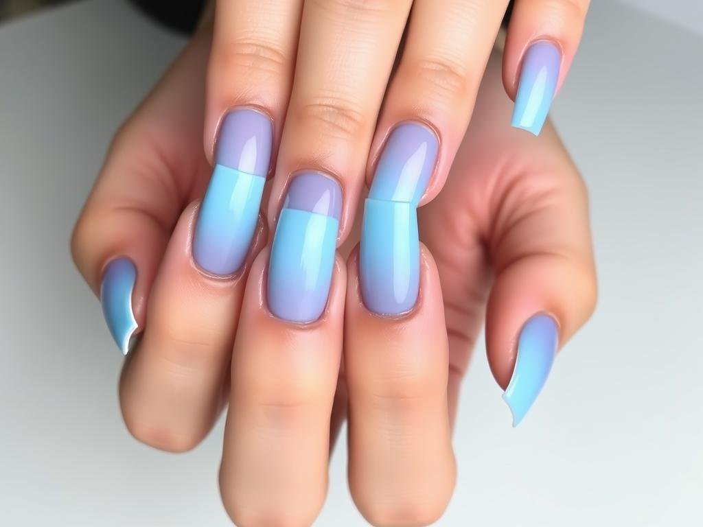 Blue ombré square acrylic nails transitioning from light to dark