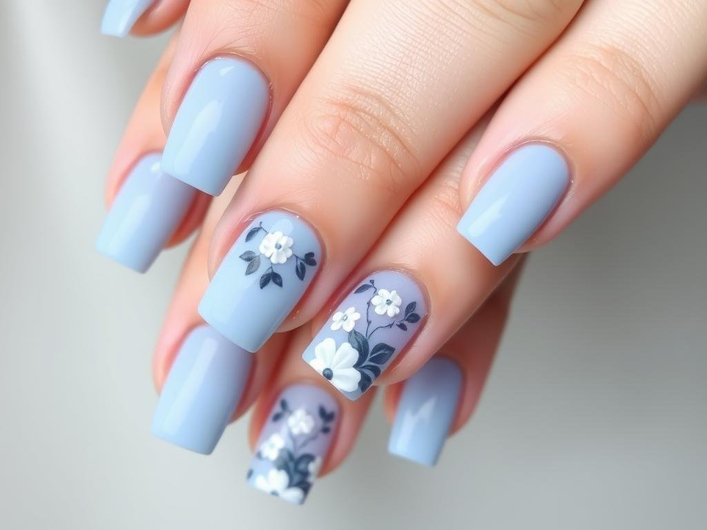 Blue square acrylic nails with delicate floral designs