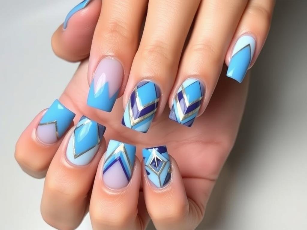 Blue square acrylic nails with geometric patterns