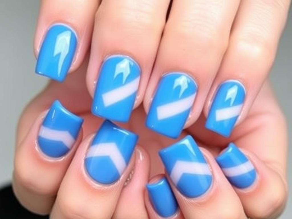Blue square acrylic nails with negative space designs