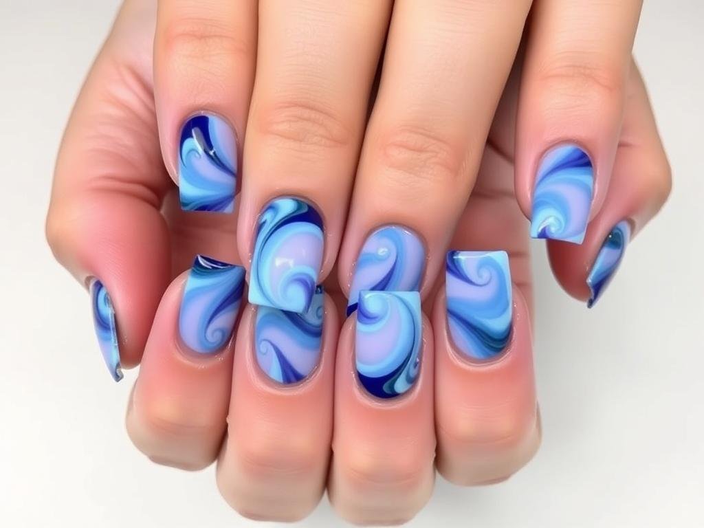 Blue swirl designs on square acrylic nails