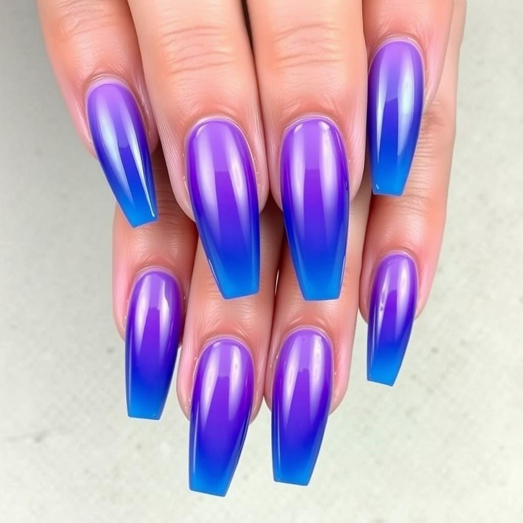 Blue to purple ombre acrylic nails with vibrant gradient