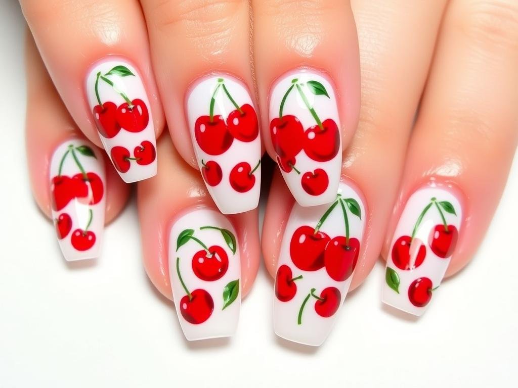 Bold cherry acrylic nails with multiple cherry designs across all nails