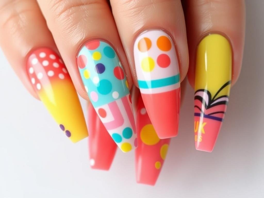 Bold spring acrylic nails with bright colors and playful patterns