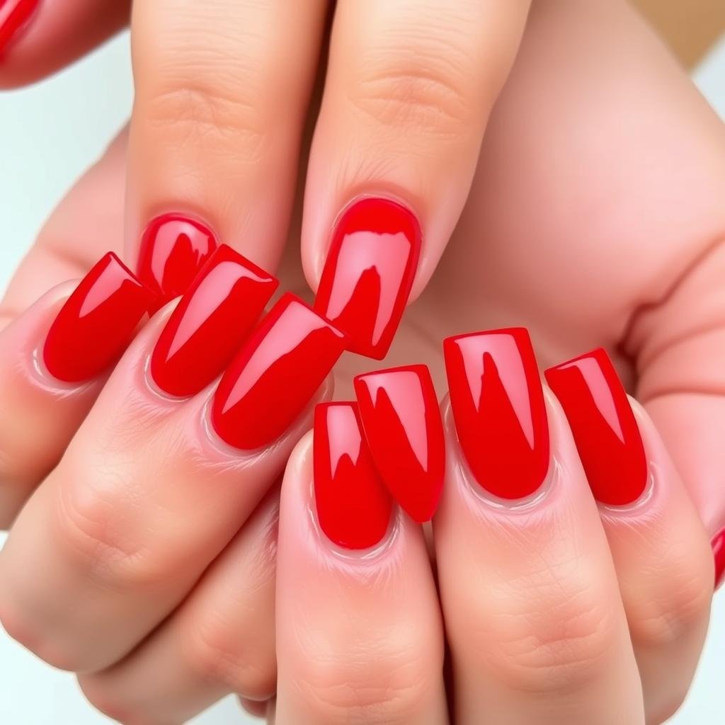 Bright cherry red solid color acrylic nails for a bold statement