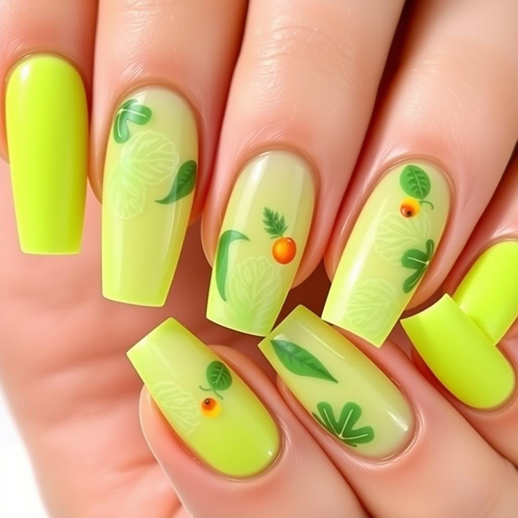 Bright lime green acrylic nails with tropical leaf designs for summer
