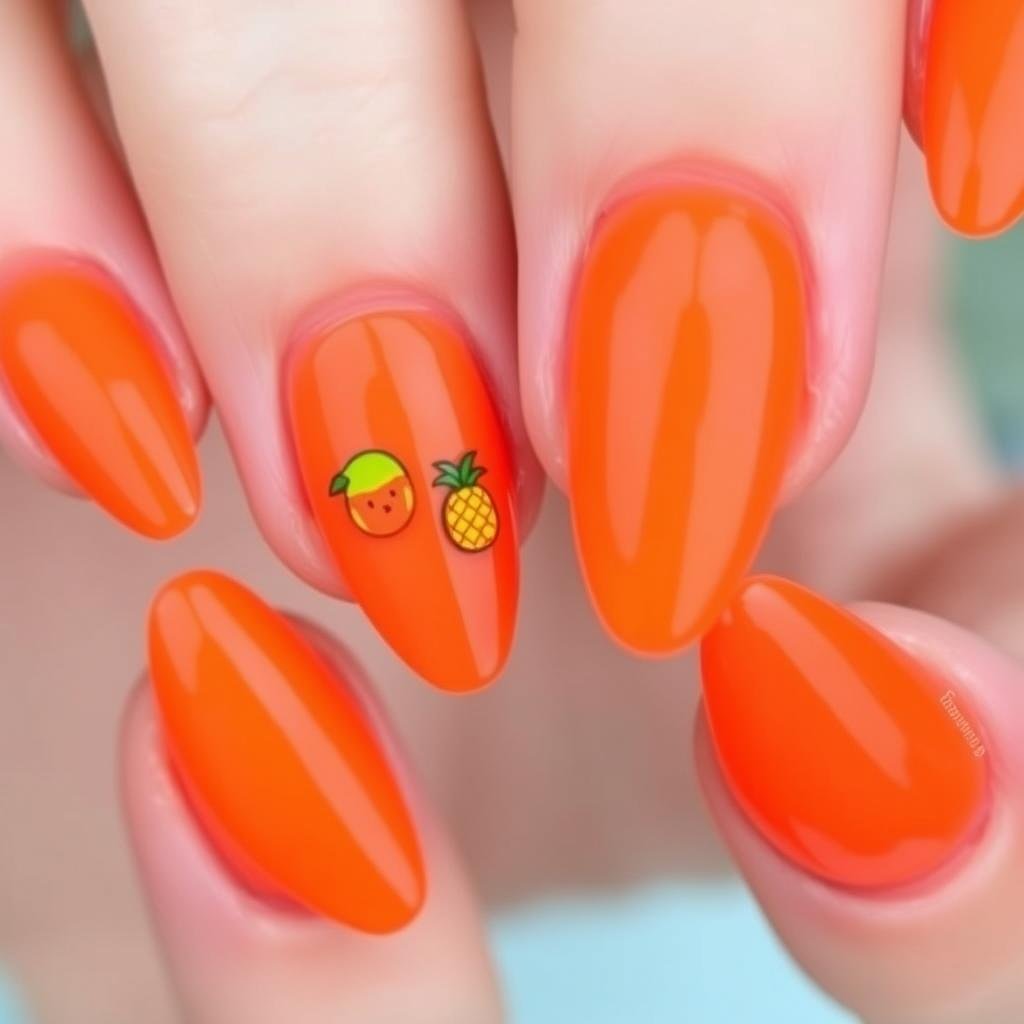 Bright neon orange acrylic nails with tropical fruit accents