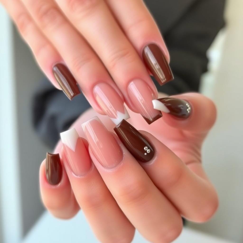 Brown acrylic nails in dramatic stiletto shape