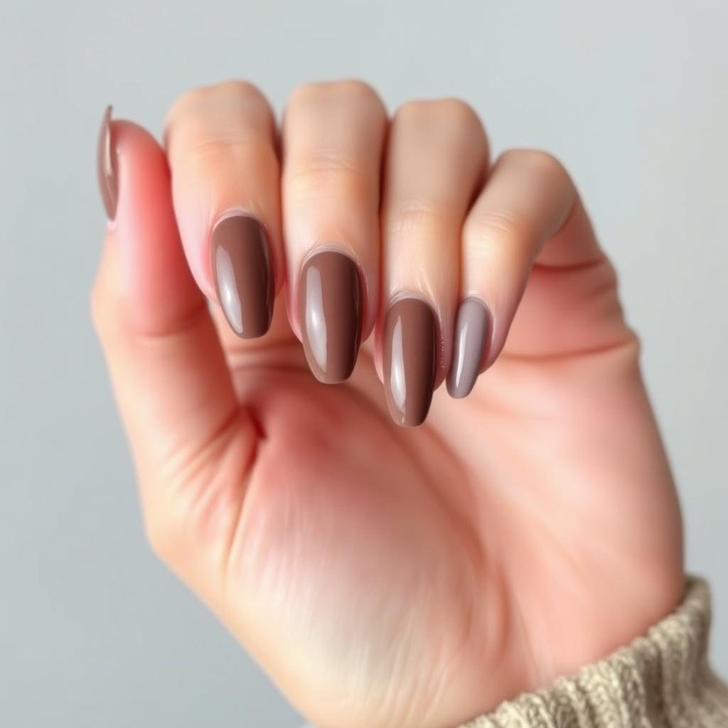 Brown acrylic nails in feminine oval shape