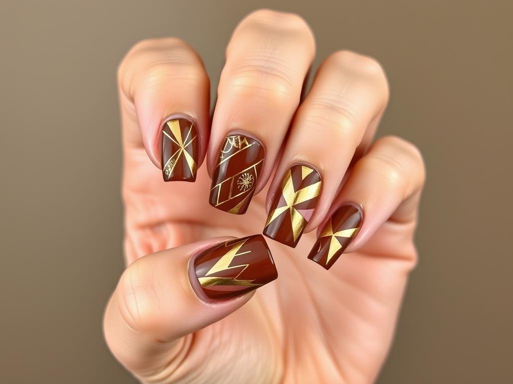 Brown acrylic nails with geometric gold patterns