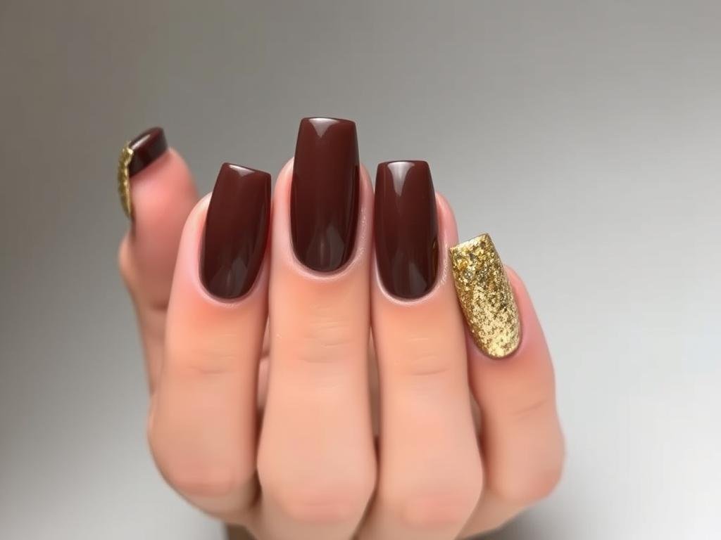 Brown acrylic nails with gold glitter accents