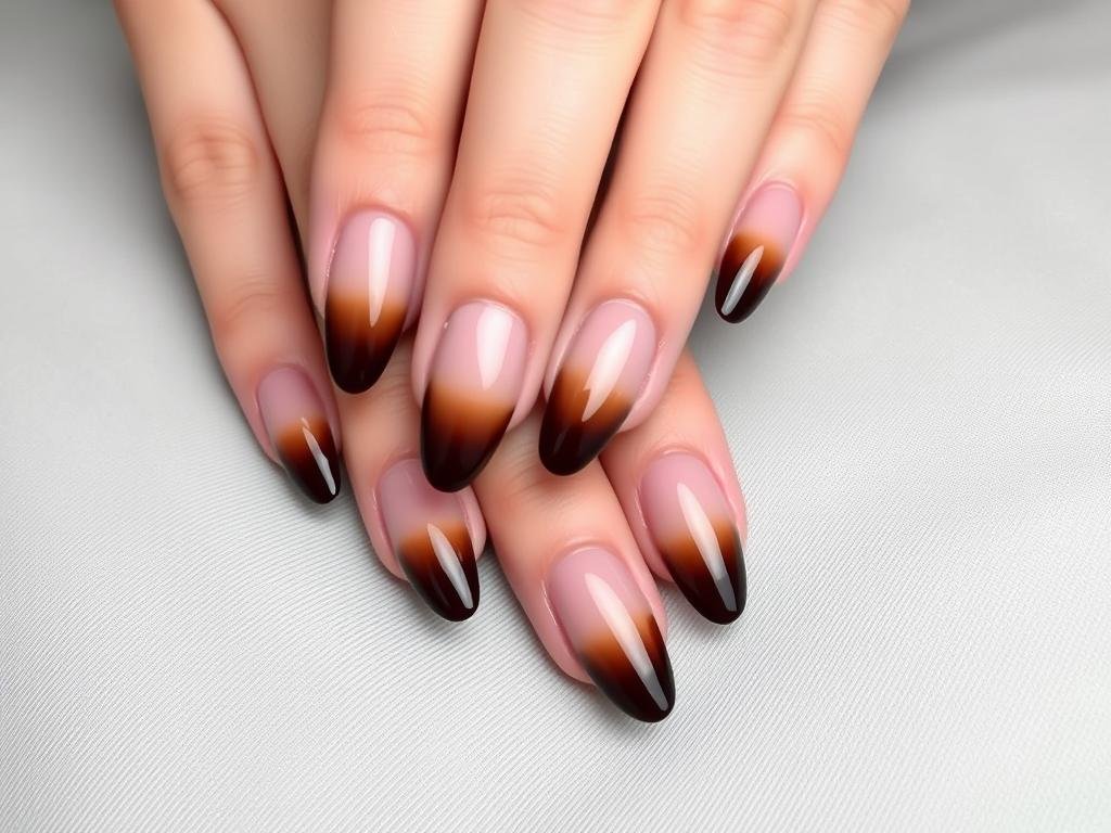 Brown ombré acrylic nails transitioning from light to dark
