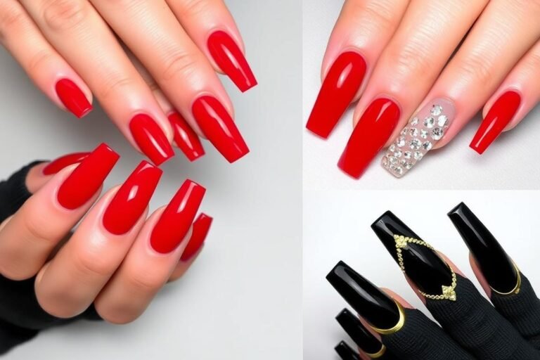 Celebrity-inspired long square acrylic nails in bold colors and designs