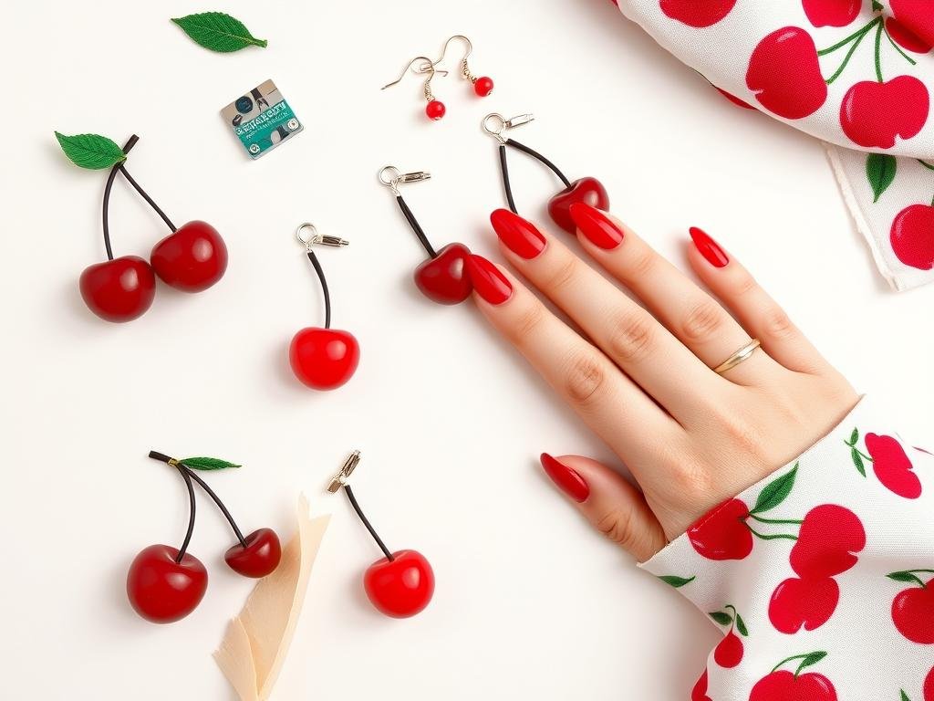 Cherry acrylic nails with matching cherry accessories and outfit