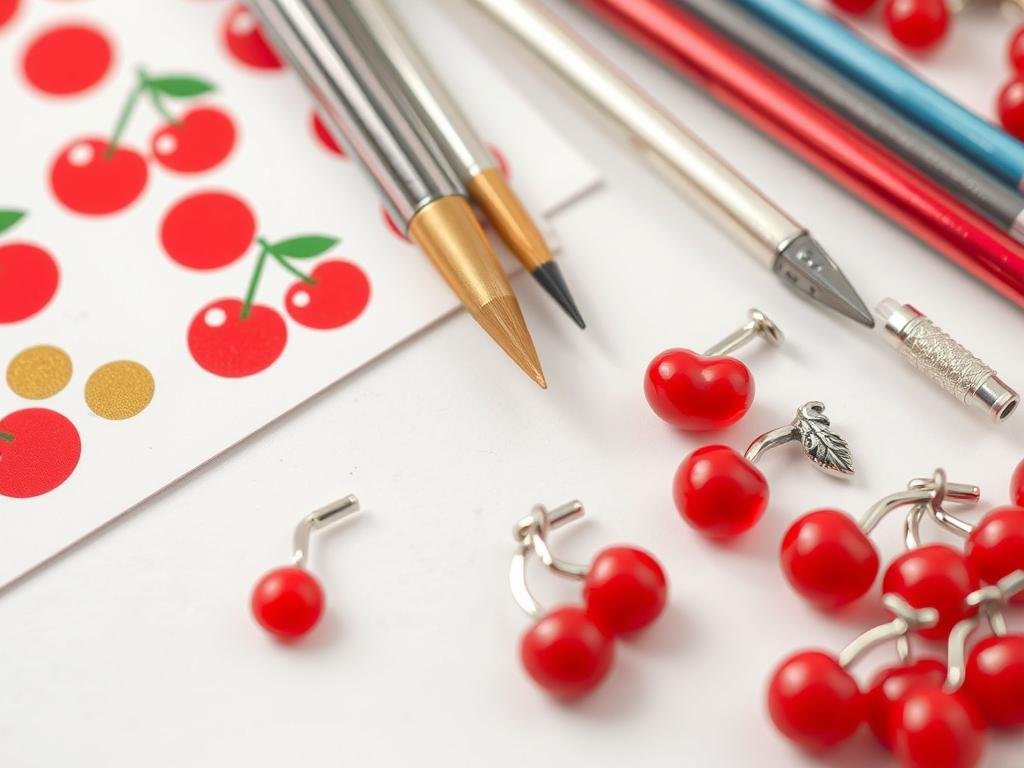 Cherry nail art supplies including stickers, detail brushes and dotting tools