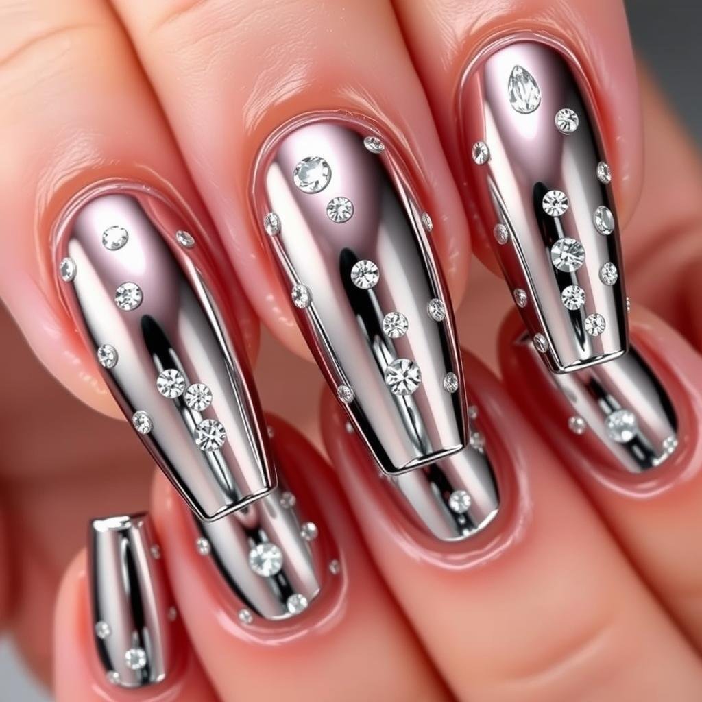 Chrome bling acrylic nails with scattered diamond rhinestones