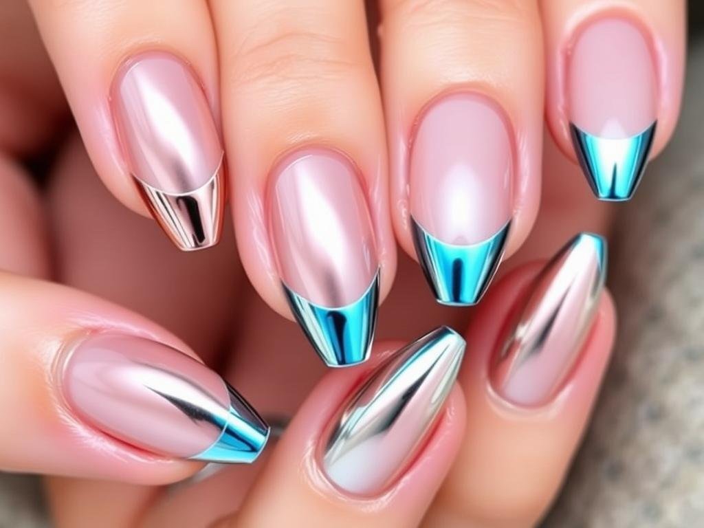 Chrome french tip acrylic nails with design with metallic finish