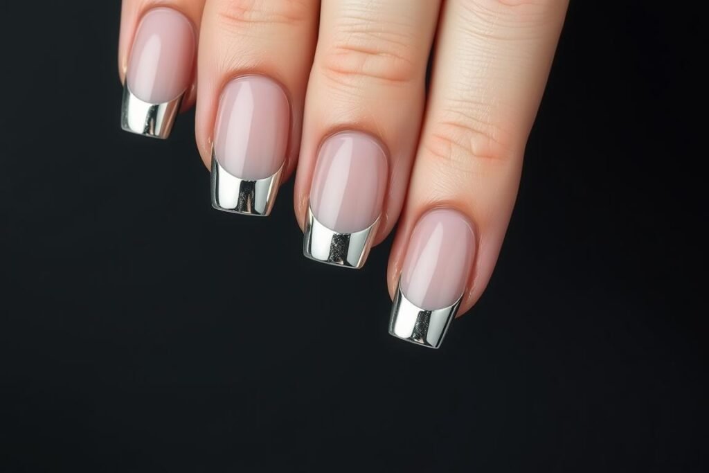 Chrome french tip acrylic nails with mirror-like finish and minimal design