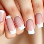 Classic french tip acrylic nails square with white tips on a neutral base