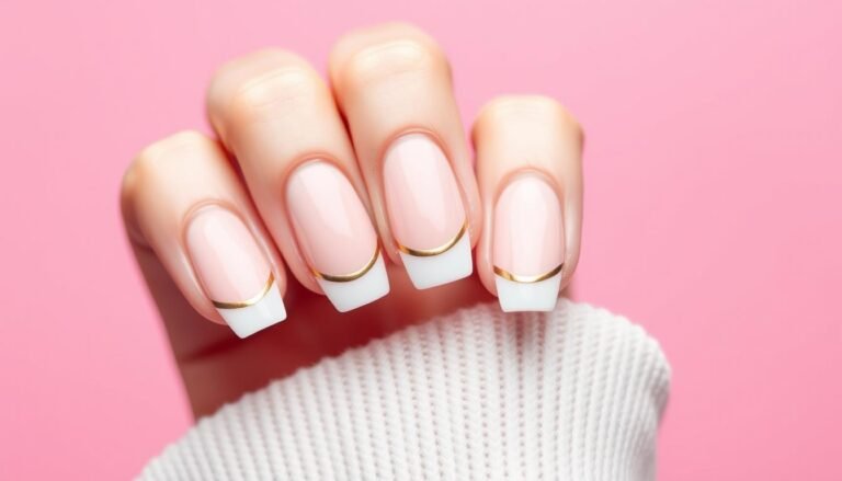 Classic french tip acrylic nails with design featuring thin gold line accents