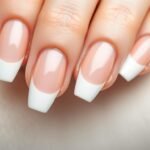 Classic french tip acrylic nails with design showing the basic structure