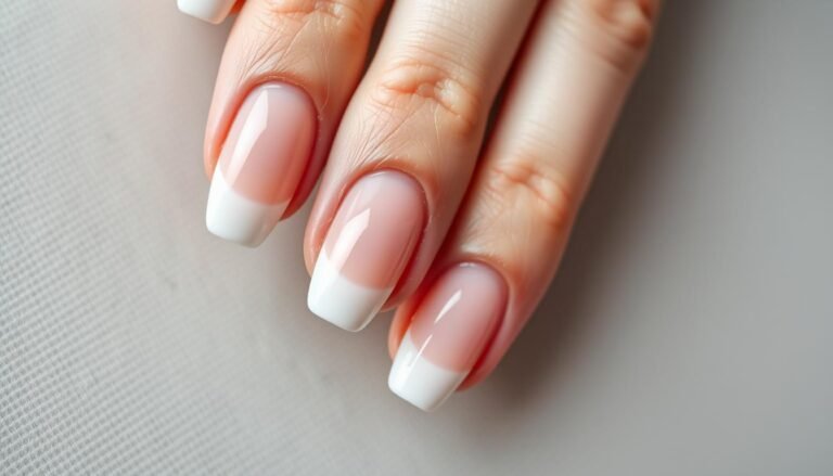 Classic french tip acrylic nails with perfect white tips on almond-shaped nails