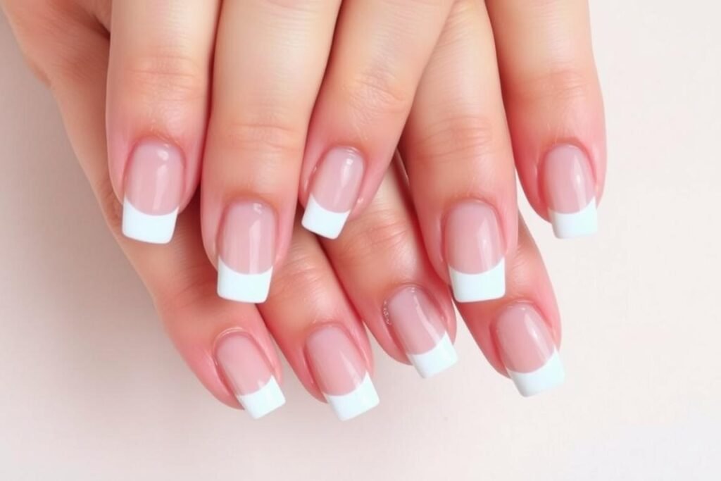 Classic french tip acrylic nails with traditional white tips on square-shaped nails