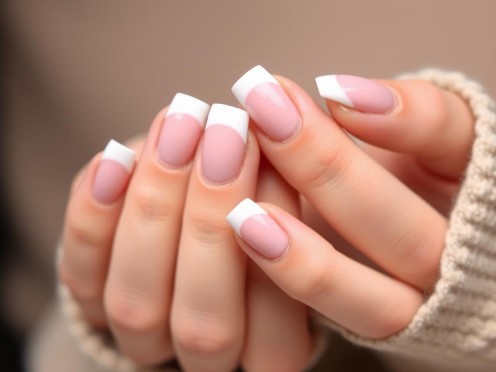 Classic medium French tip acrylic nails with white tips on a pink base