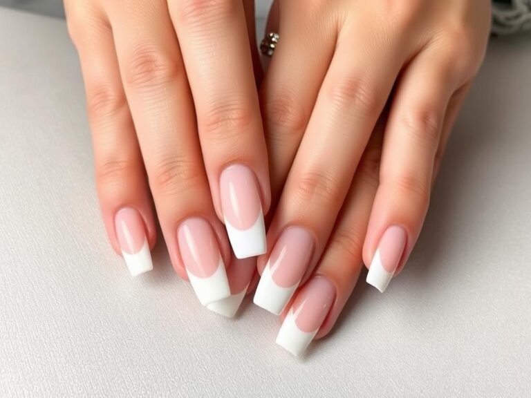 Classic square French tip acrylic nails on well-manicured hands