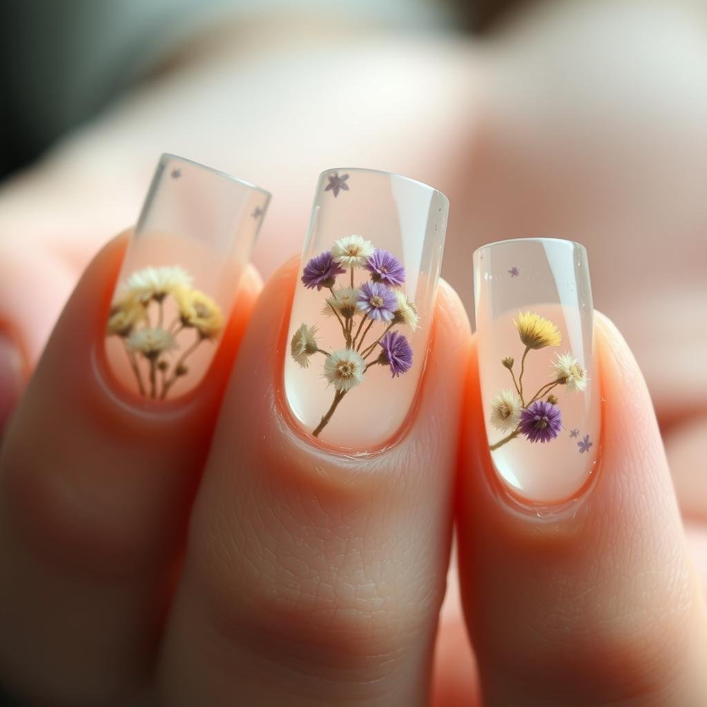 Clear acrylic nails with encapsulated dried flowers Clear acrylic nails with encapsulated dried flowers
