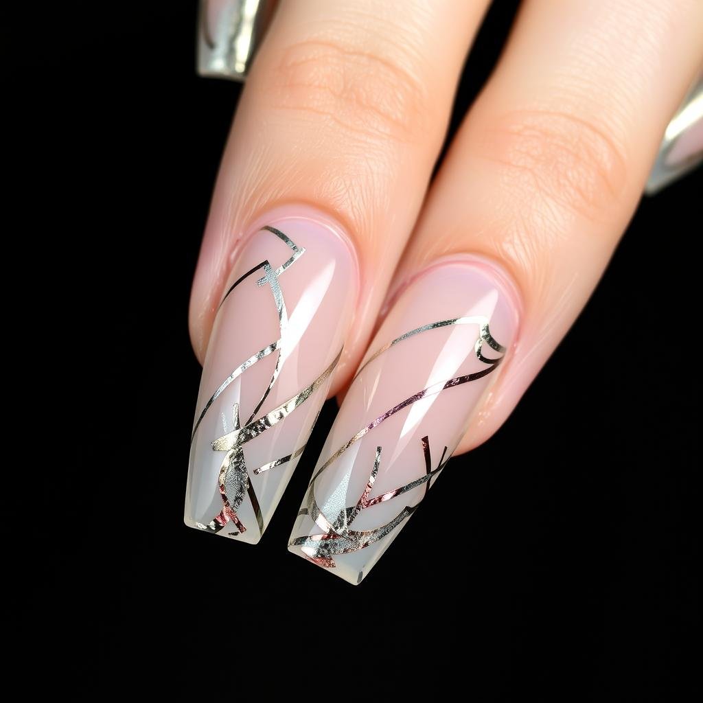 Clear acrylic nails with foil accent designs Clear acrylic nails with foil accent designs