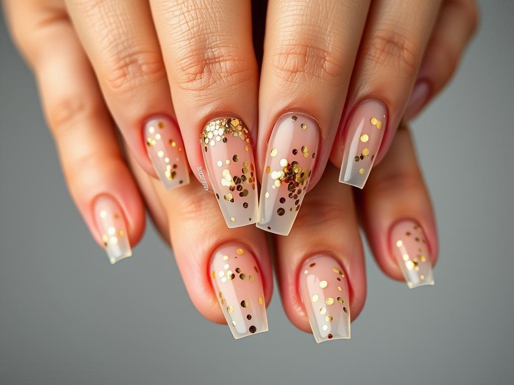 Clear acrylic nails with gold confetti flakes
