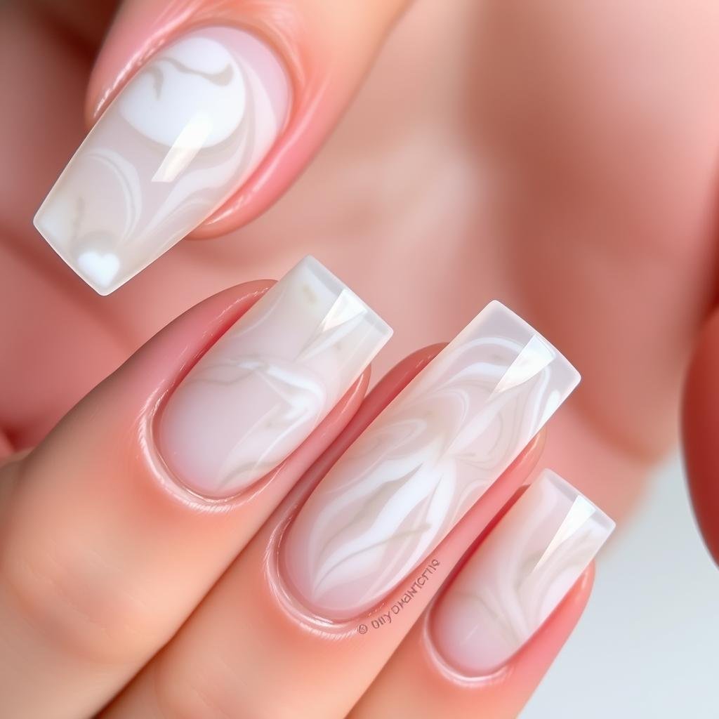 Clear acrylic nails with marble effect design Clear acrylic nails with marble effect design
