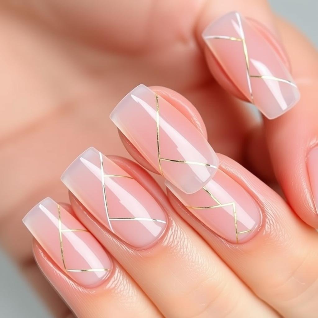 Clear acrylic nails with negative space geometric designs Clear acrylic nails with negative space geometric designs