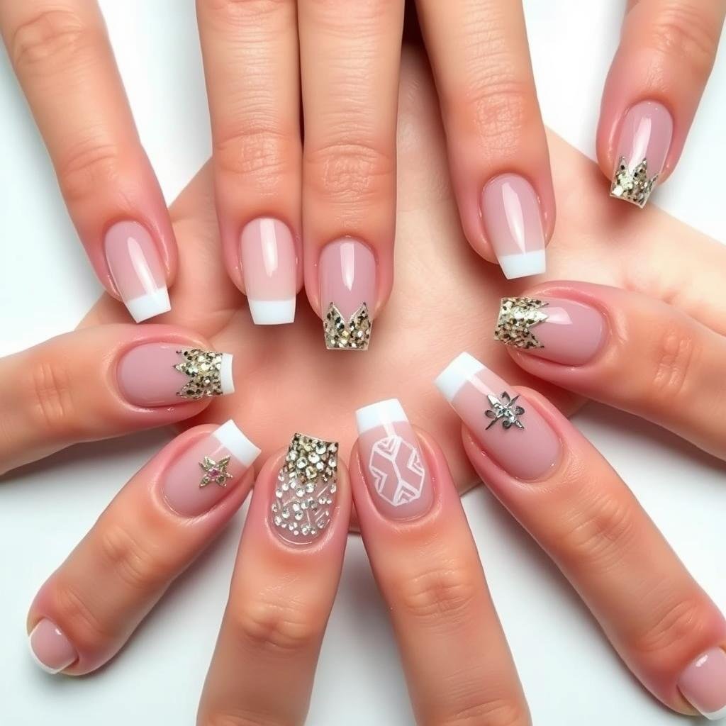 Clear acrylic nails with various nail art designs Clear acrylic nails with various nail art designs
