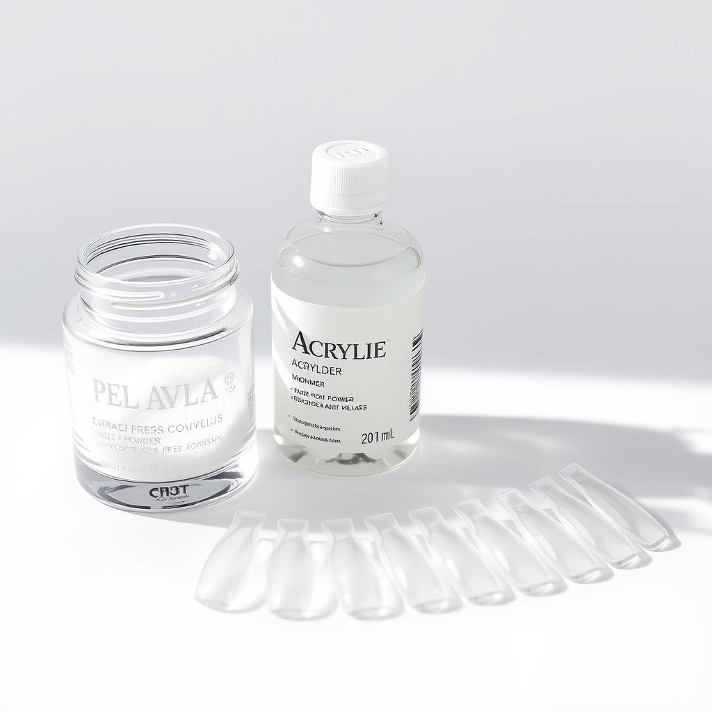 Clear acrylic powder and monomer liquid next to clear nail tips Clear acrylic powder and monomer liquid next to clear nail tips