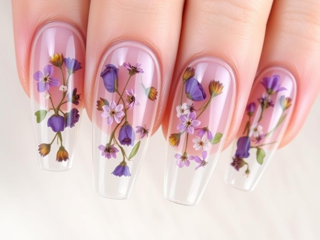 Clear spring acrylic nails with real pressed flowers embedded inside