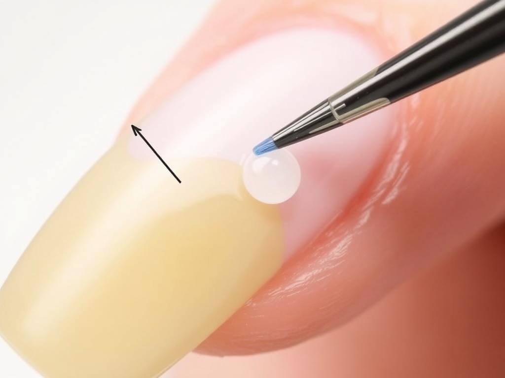 Close-up of DIY solid color acrylic nail application technique