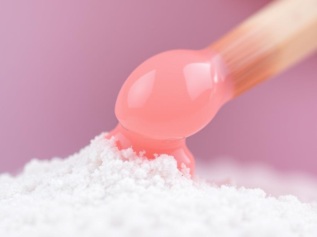 Close-up of acrylic bead being applied to nail with proper consistency
